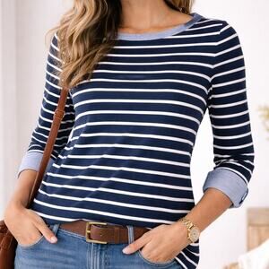 Nautica Navy White Stripe Long Sleeve Knit Top Coastal Preppy Cotton Sz M